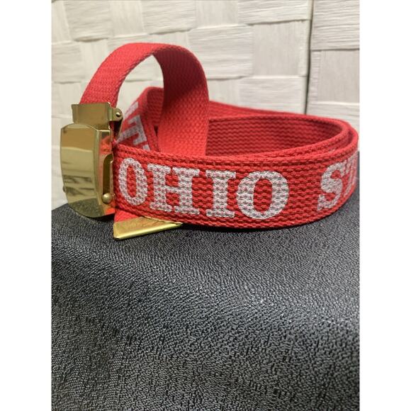 Vintage Ohio State Adjustable Red/White Belt Solid Brass Buckle 41 Inches Long - Picture 1 of 7